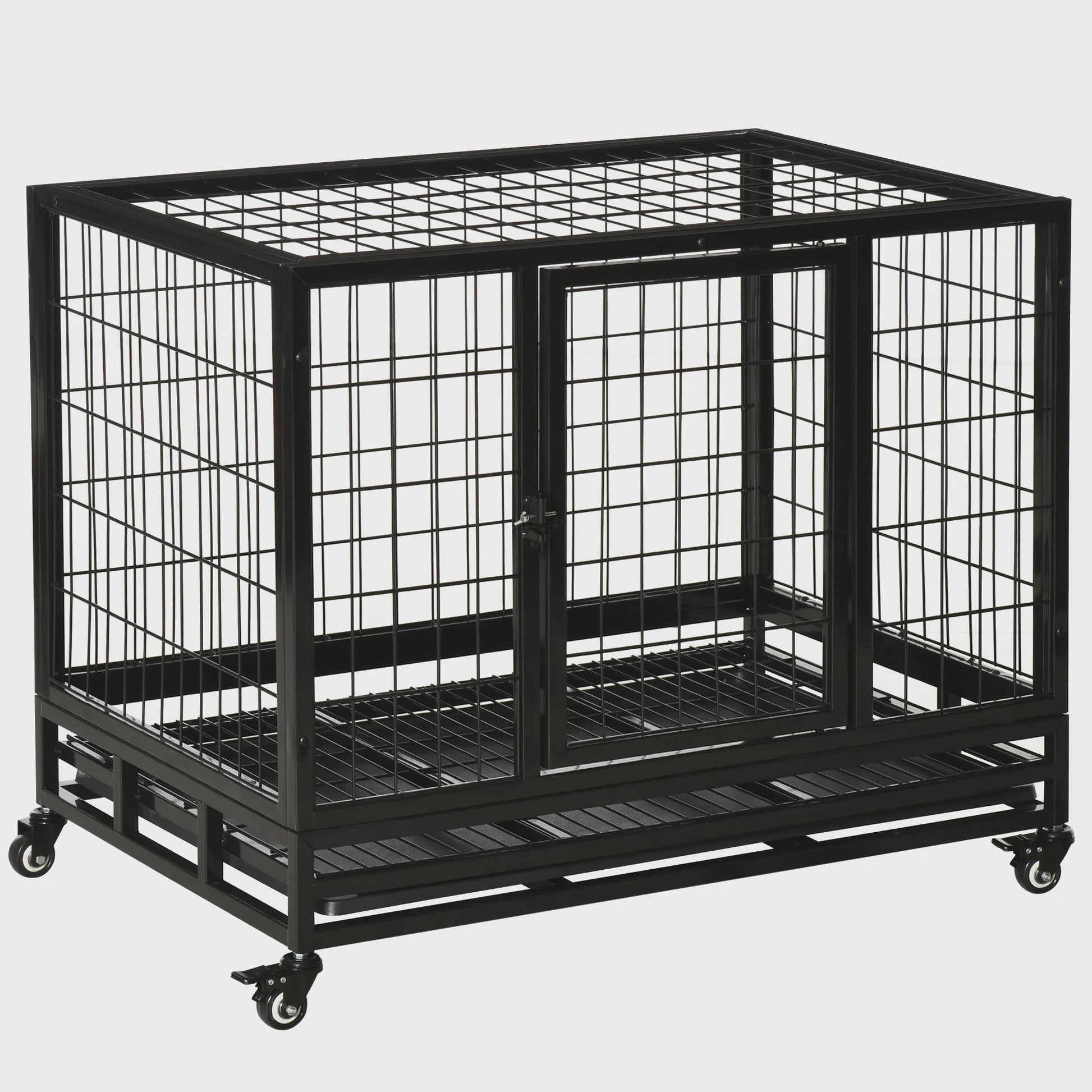 PawHut Metalen Hondenkennel met Wielen en Uitneembare Lade - 92x62x75cm