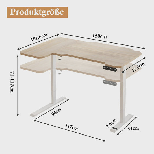 Elektrisch In Hoogte Verstelbaar L-Bureau 150cm - Sta-Buro met Geheugenfunctie en USB-C