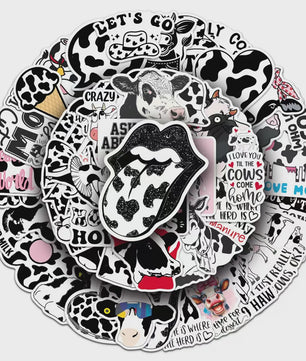 50x Trendy Cartoon Koe Stickers - Zwart-Wit Dierenprint Decals voor Telefoon, Tablet & Boxen