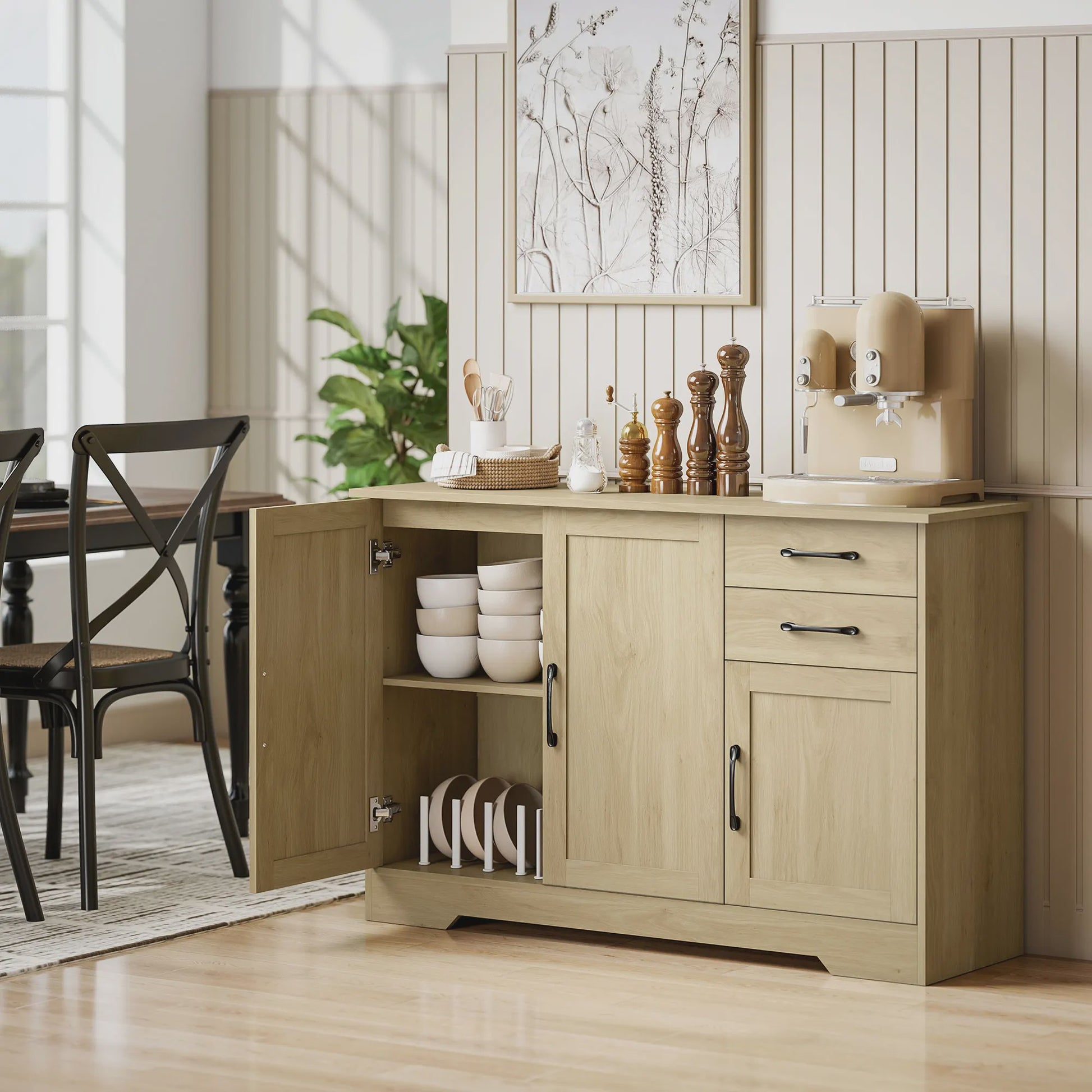 Modern Dressoir met 3 Deuren en 2 Lades - 120x38x79 cm - Natuurlijk Hout