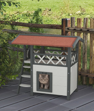 PawHut Luxe Kattenhuis Villa met Terras, Trap en Dak - 77x50x73 cm - Wit/Rood