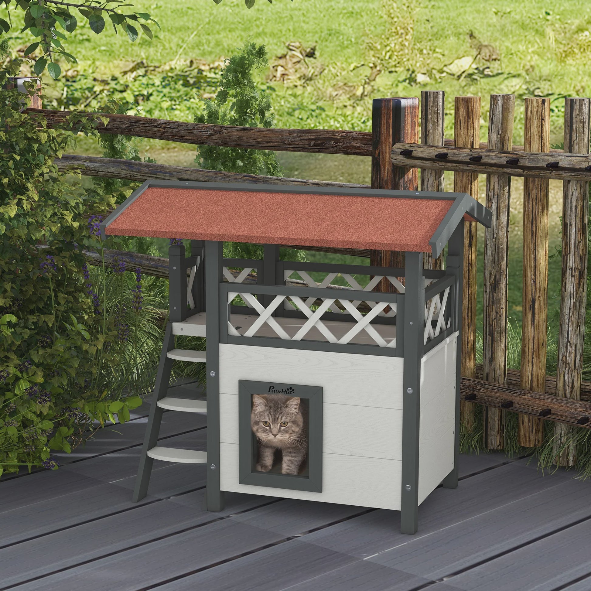 PawHut Luxe Kattenhuis Villa met Terras, Trap en Dak - 77x50x73 cm - Wit/Rood