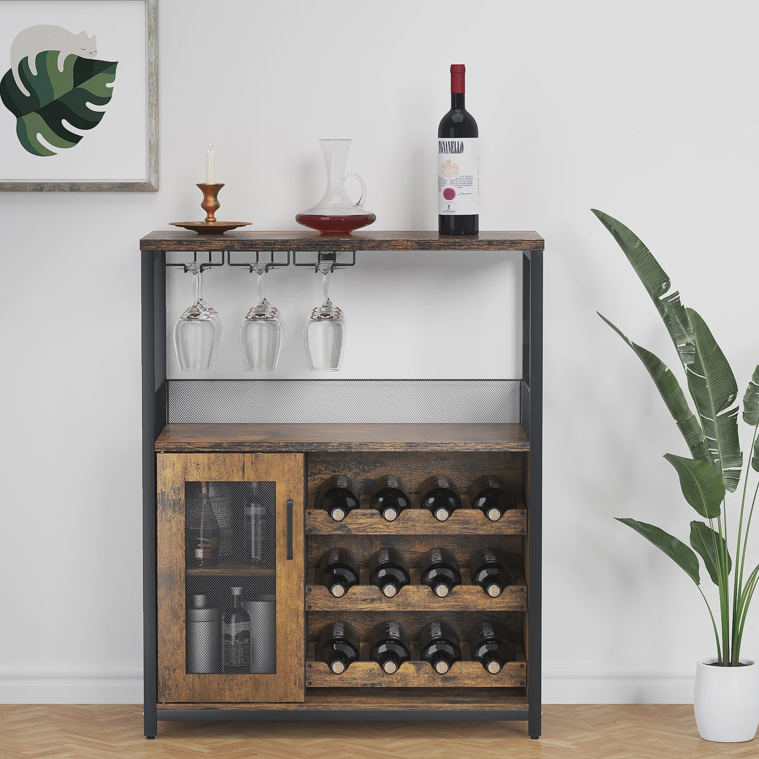 Industriële Wijnbar Kast met Glashouder, Opbergruimte en Afneembaar Wijnrek