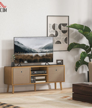 Stijlvolle TV Meubel met 2 Lades en Open Vakken - 110cm Breed - Houtkleurig & Bruin - Tot 50 Inch TV