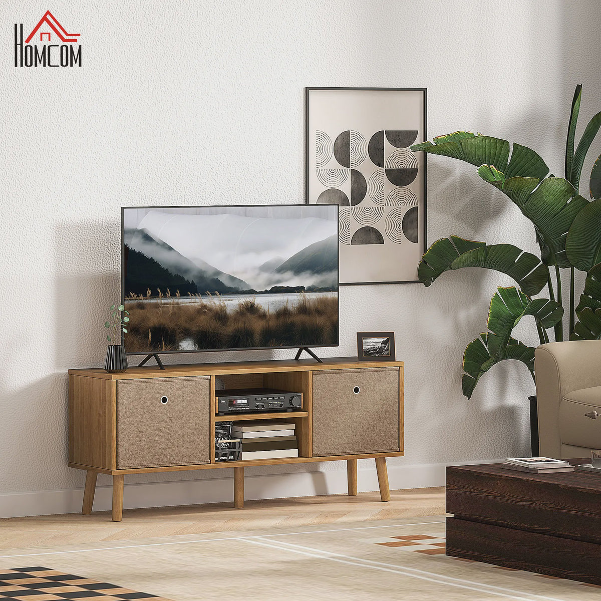 Stijlvolle TV Meubel met 2 Lades en Open Vakken - 110cm Breed - Houtkleurig & Bruin - Tot 50 Inch TV