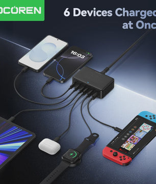 Rocoren 100W GaN Desktop Lader: 6-Poorts Snellader met USB-C voor Al Je Apparaten