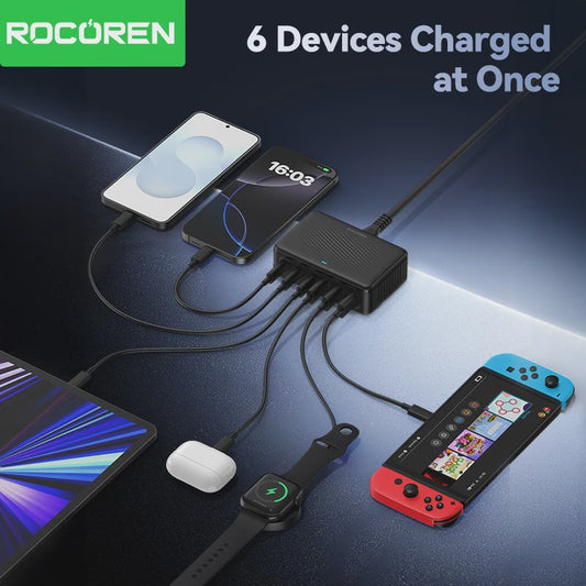 Rocoren 100W GaN Desktop Lader: 6-Poorts Snellader met USB-C voor Al Je Apparaten