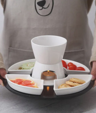 Keramische Fondue Set: Chocolade & Kaas Fondue met 4 Dipkommen, Vorken en Houten Plateau