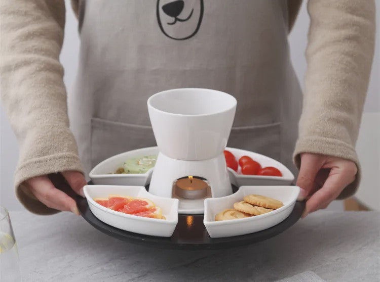 Keramische Fondue Set: Chocolade & Kaas Fondue met 4 Dipkommen, Vorken en Houten Plateau