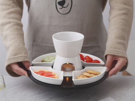 Keramische Fondue Set: Chocolade & Kaas Fondue met 4 Dipkommen, Vorken en Houten Plateau