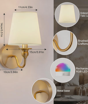 Draadloze Wandlamp Goud met Afstandsbediening & 15 Kleuren LED - Oplaadbaar, Dimbaar, Stoffen Kap