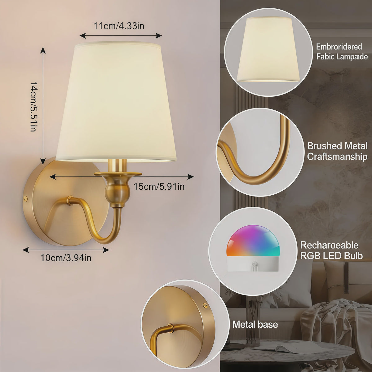 Draadloze Wandlamp Goud met Afstandsbediening & 15 Kleuren LED - Oplaadbaar, Dimbaar, Stoffen Kap