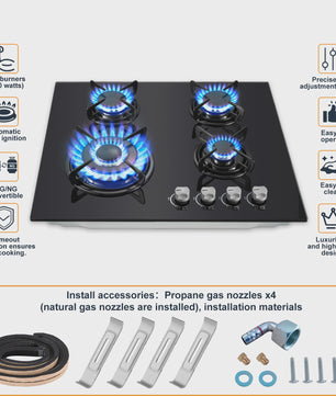 Inbouw Gasfornuis 60cm met 4 Branders | Gehard Glas | Automatische Ontsteking & Veiligheid