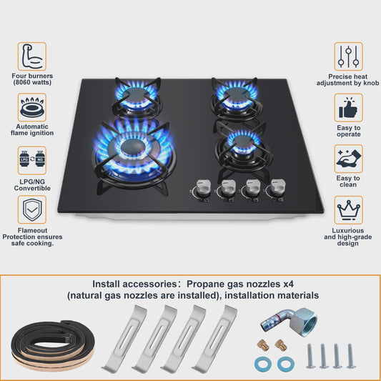 Inbouw Gasfornuis 60cm met 4 Branders | Gehard Glas | Automatische Ontsteking & Veiligheid