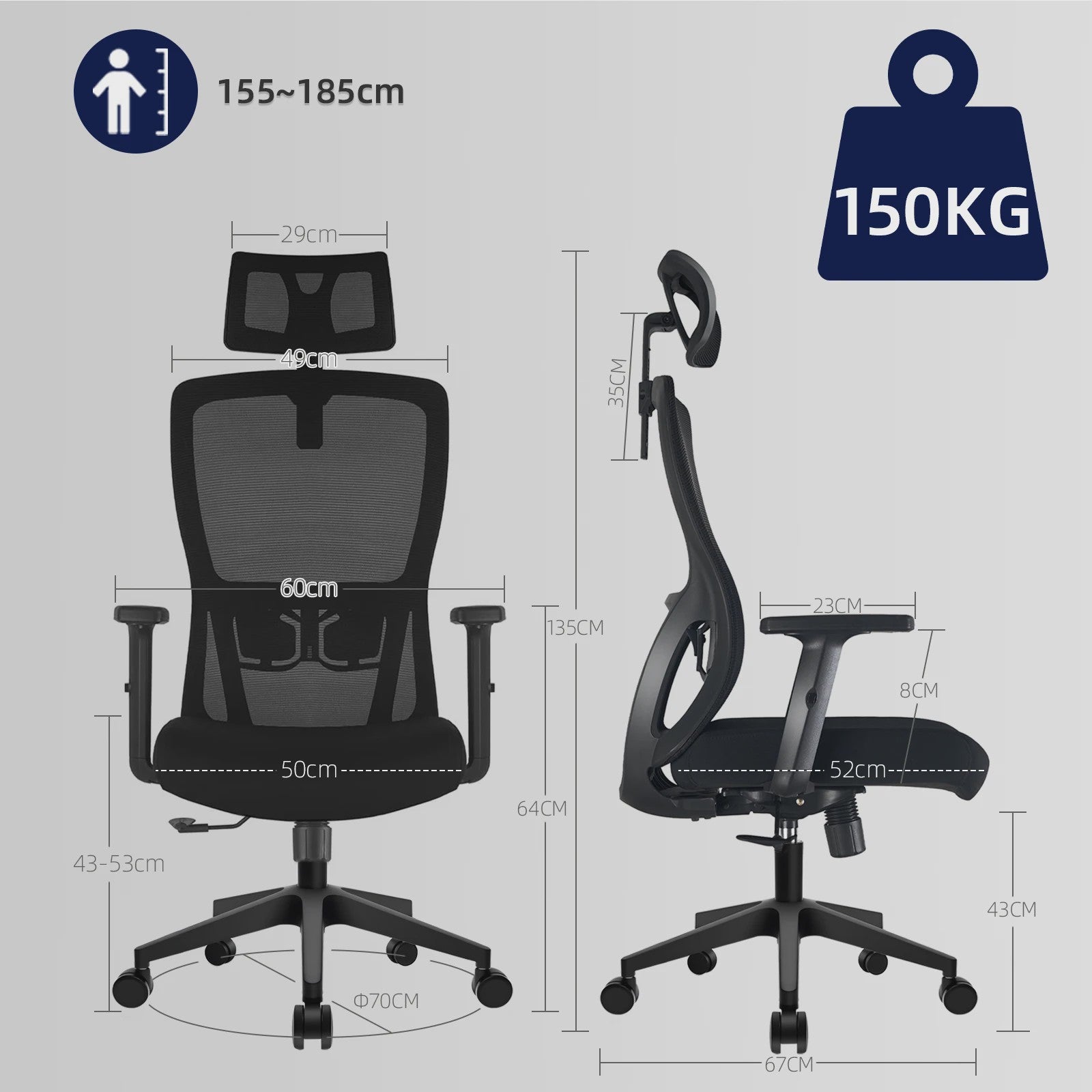 Ergonomische Bureaustoel met Hoge Rugleuning, Verstelbare Hoofdsteun en 150kg Draagkracht