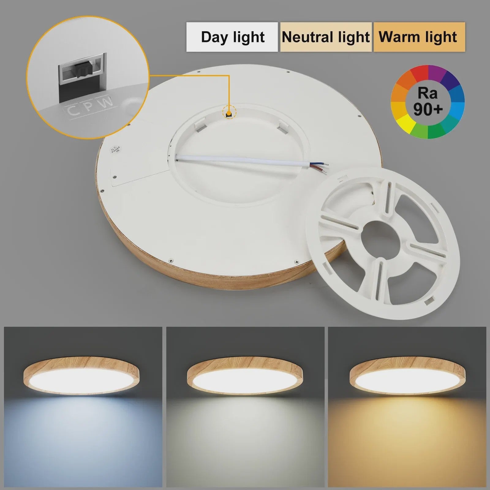 Ronde LED Plafondlamp met Houtnerf - 3 Kleuren Licht