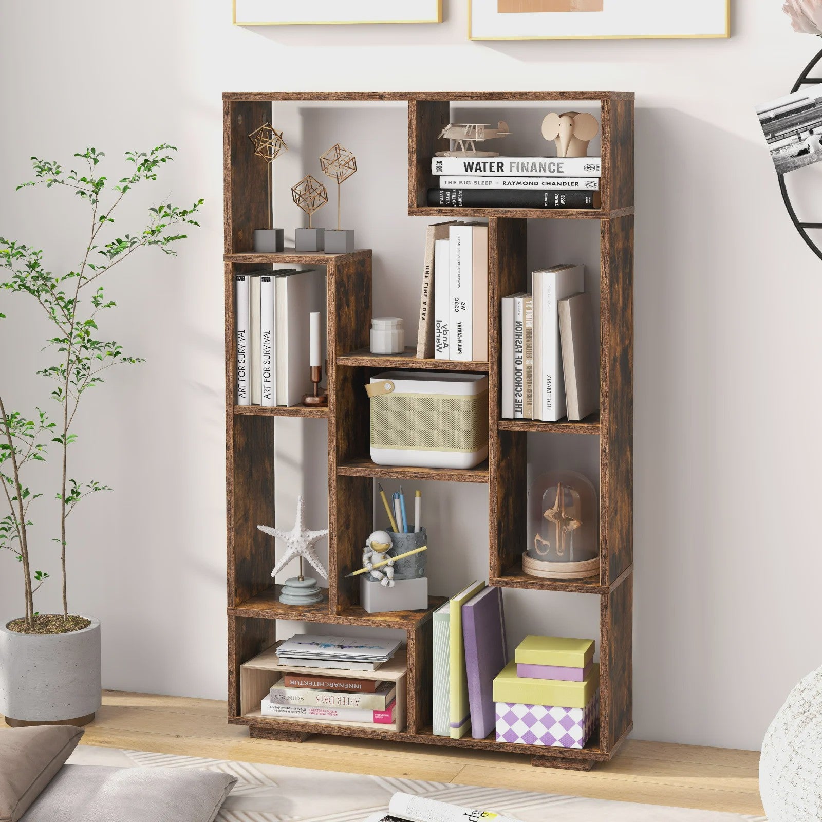 Stijlvolle Houten Boekenkast 120 cm met 9 Vakken - Staande Opbergkast & Kamerverdeler met Kantelbeveiliging