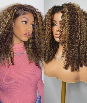 Ombre Bob Pruik van Menselijk Haar - Krullend, Honey Blonde Highlights, Glueless 5x5 HD Lace Wig, 16 Inch