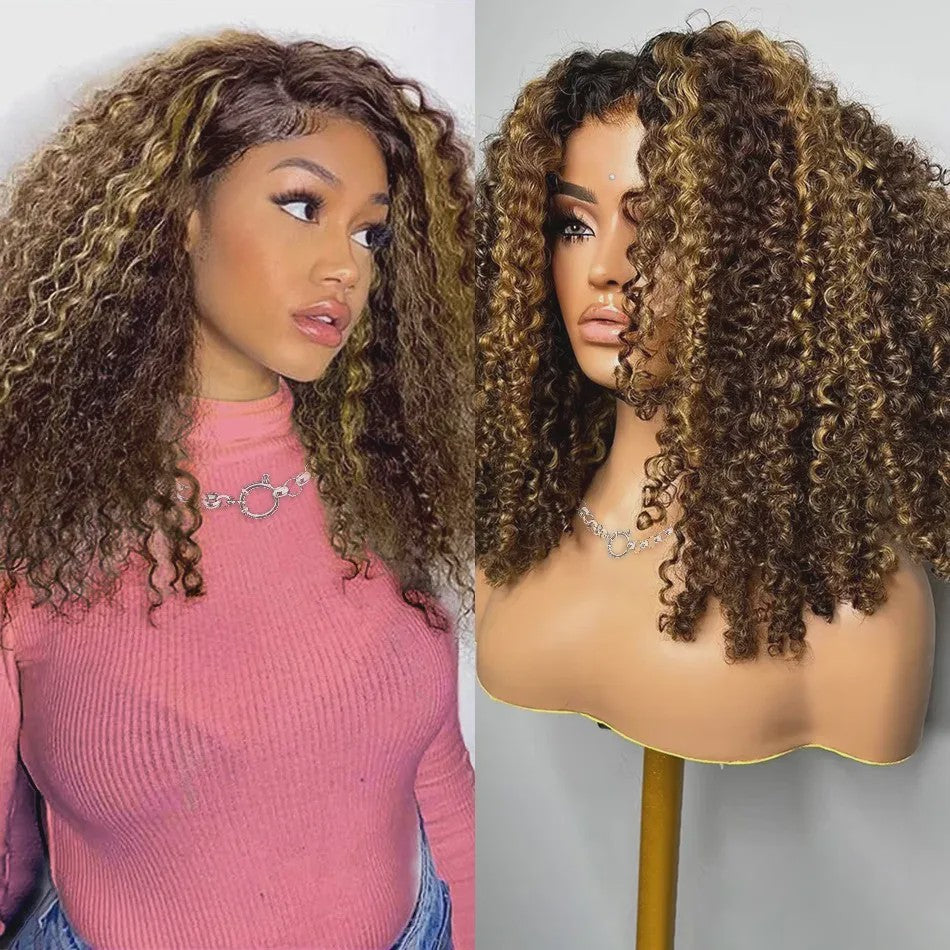 Ombre Bob Pruik van Menselijk Haar - Krullend, Honey Blonde Highlights, Glueless 5x5 HD Lace Wig, 16 Inch
