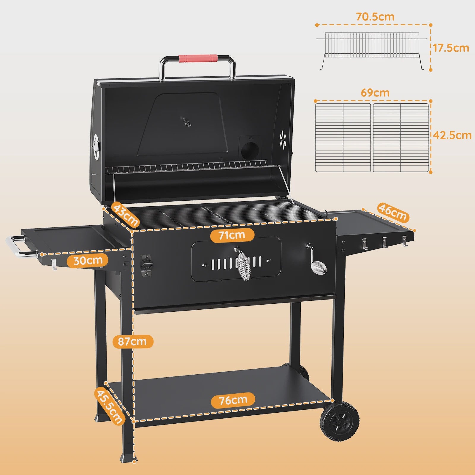 Devoko Professionele Koolbarbecue Trolley met Thermometer en Zijpanelen