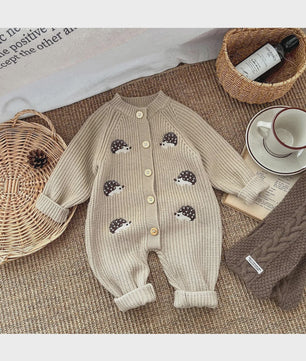 Schattige Baby Gebreide Jumpsuit met Egel Print - Lente & Herfst Kruippakje
