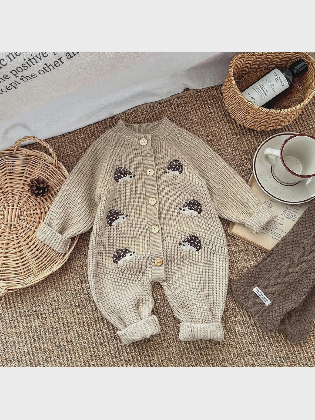 Schattige Baby Gebreide Jumpsuit met Egel Print - Lente & Herfst Kruippakje