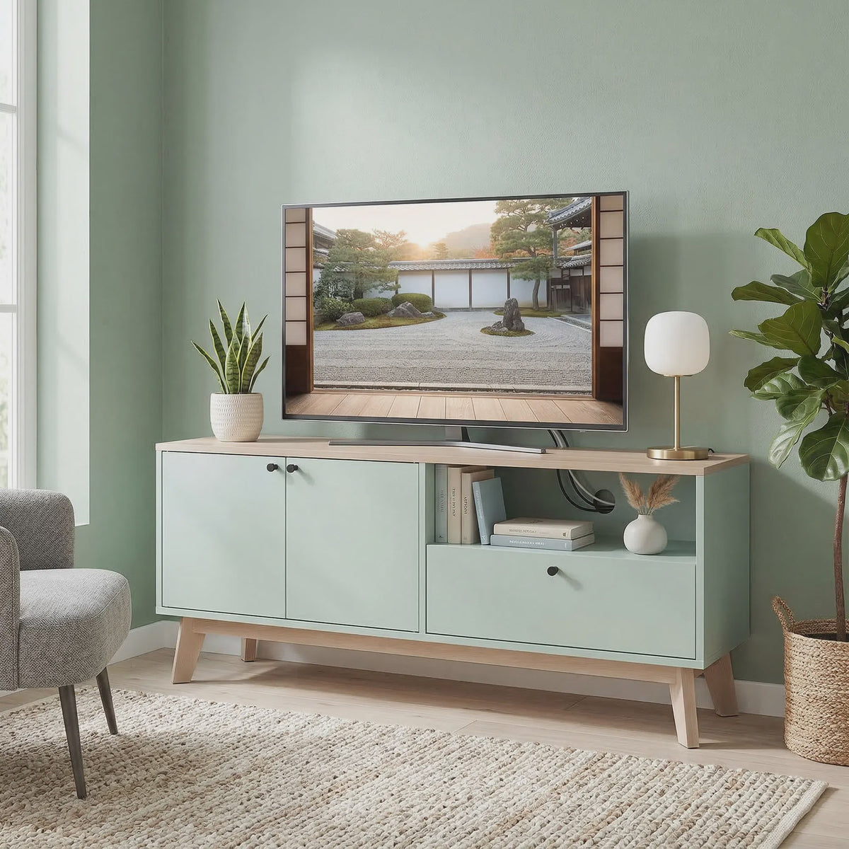 SediaXL TV Meubel 120 cm Lichtgroen met 2 Deuren, Lade en Open Vak - Geschikt voor TV's tot 36 inch