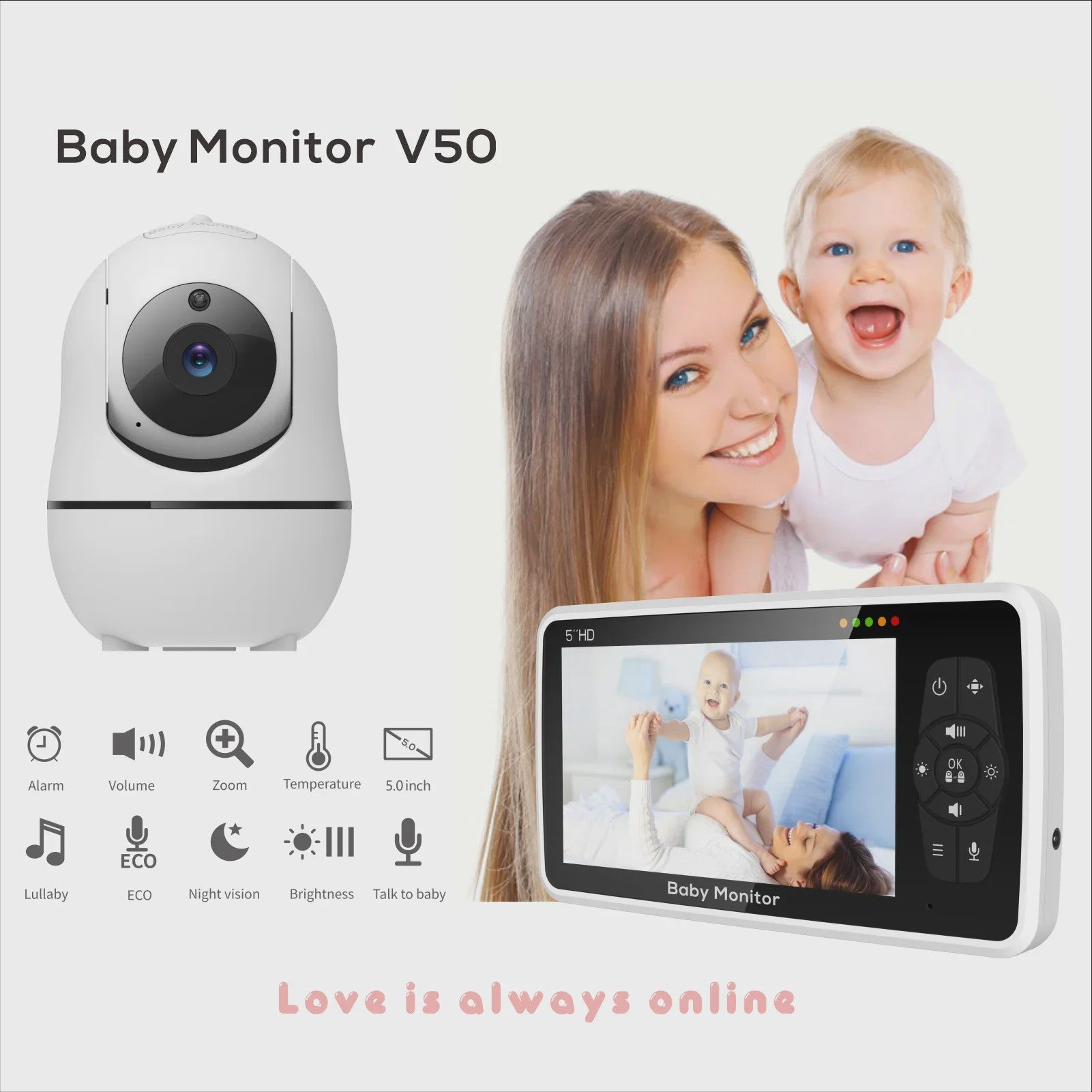 5" Video Babyfoon met Camera, 2-Weg Audio, Temperatuursensor & 22u Batterij