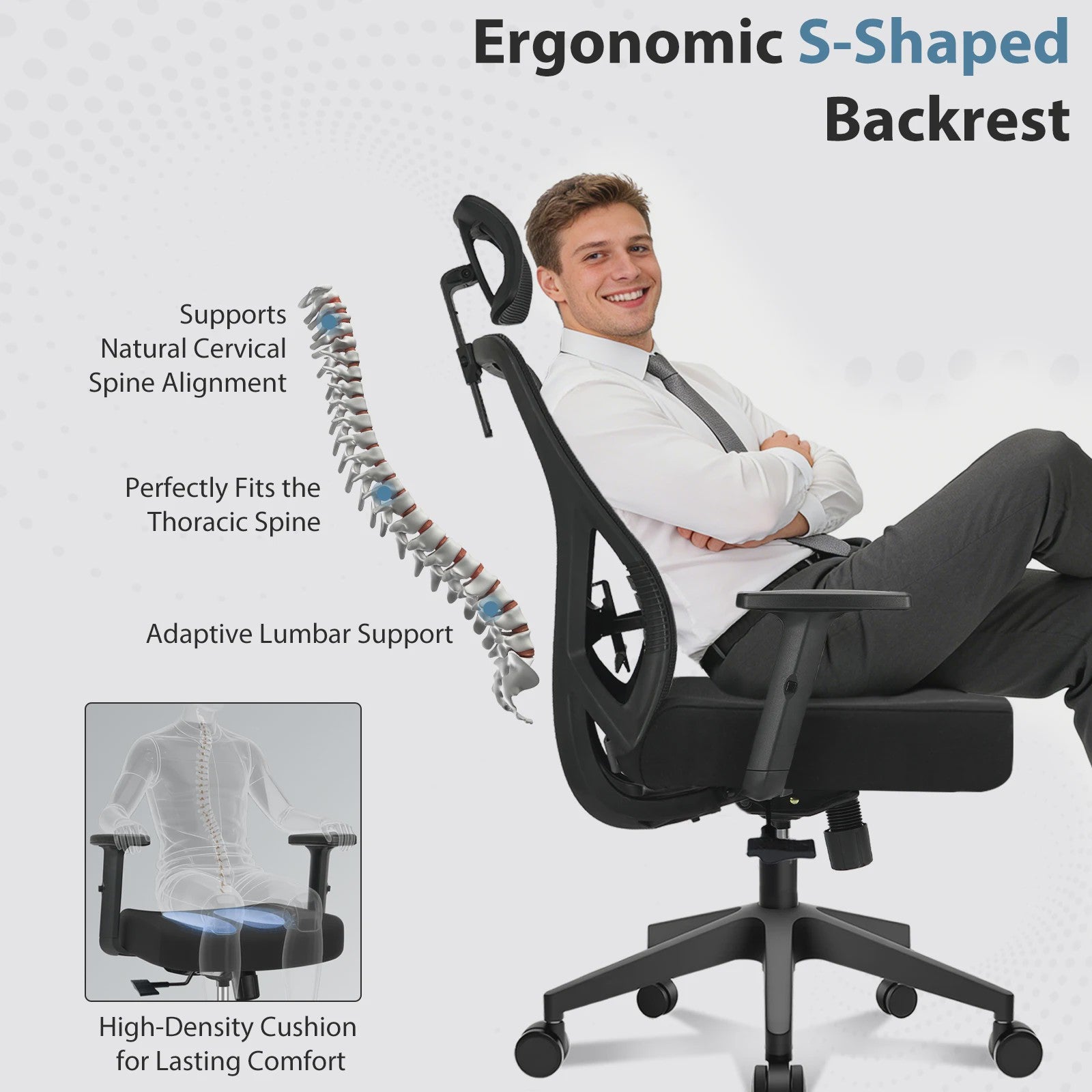 Ergonomische bureaustoel mesh met verstelbare hoofdsteun en lendensteun - 150kg belastbaar