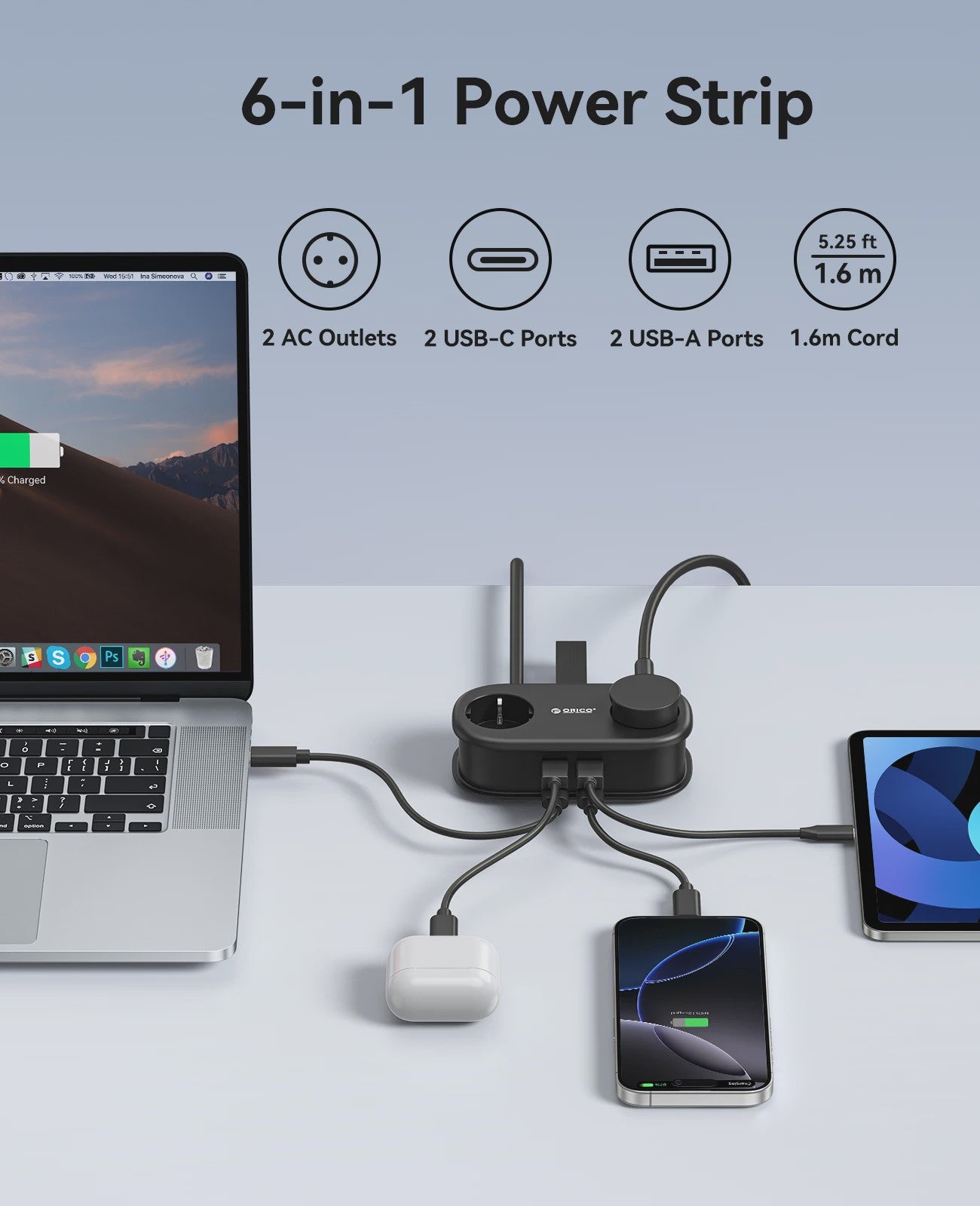 ORICO GaN 65W Power Strip: 2x AC, 2x USB-A, 1x USB-C - Snel Laden voor Thuis & Reizen