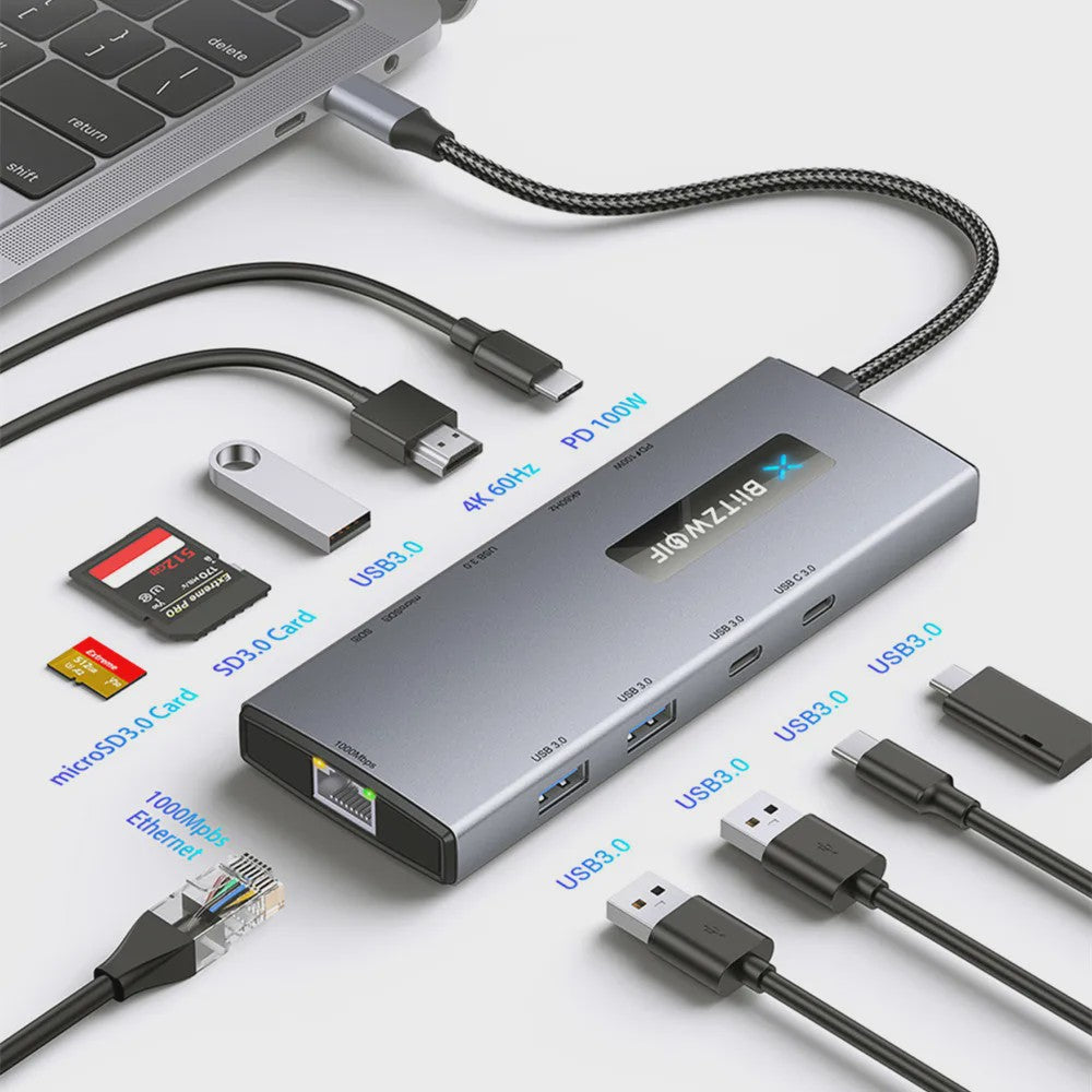 BlitzWolf BW-NEW TH8 10-in-1 USB-C Hub: 4K 60Hz, PD 100W, Gigabit Ethernet, SD/TF & USB 3.0