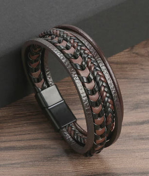 Heren Vintage Leren Armband met Gevlochten Design en Magnetische Sluiting