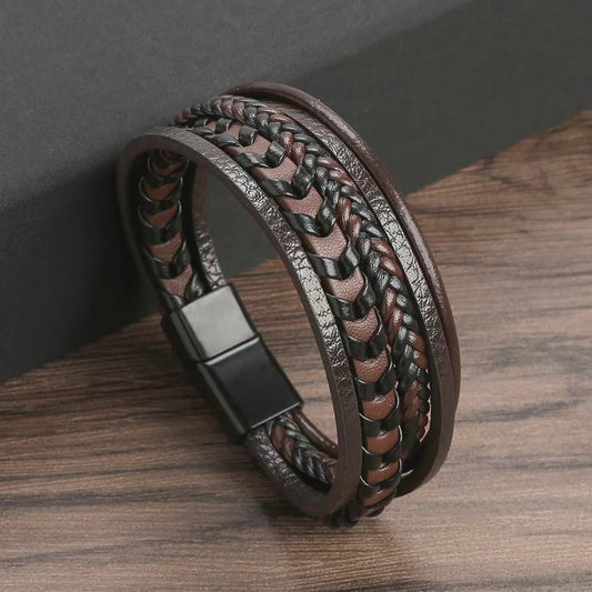 Heren Vintage Leren Armband met Gevlochten Design en Magnetische Sluiting
