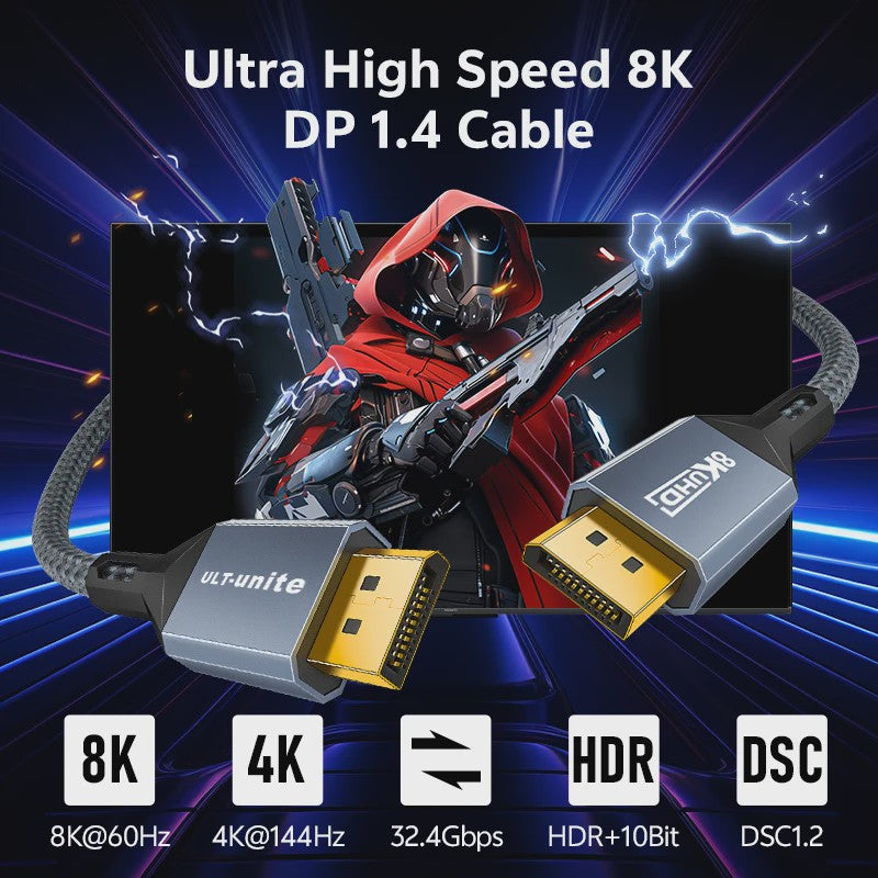 8K DisplayPort 1.4 Kabel - VESA Gecertificeerd voor Gaming, 8K60Hz, 4K240Hz, 2K360Hz