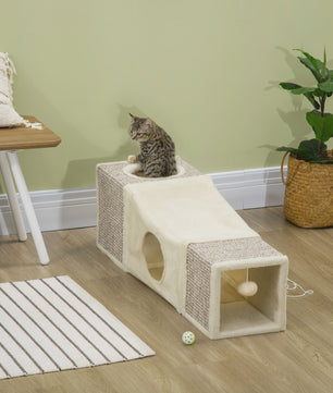 PawHut Katten Tunnel Speelgoed met Hangende Bal en Sisal - 98x30x30 cm Crème