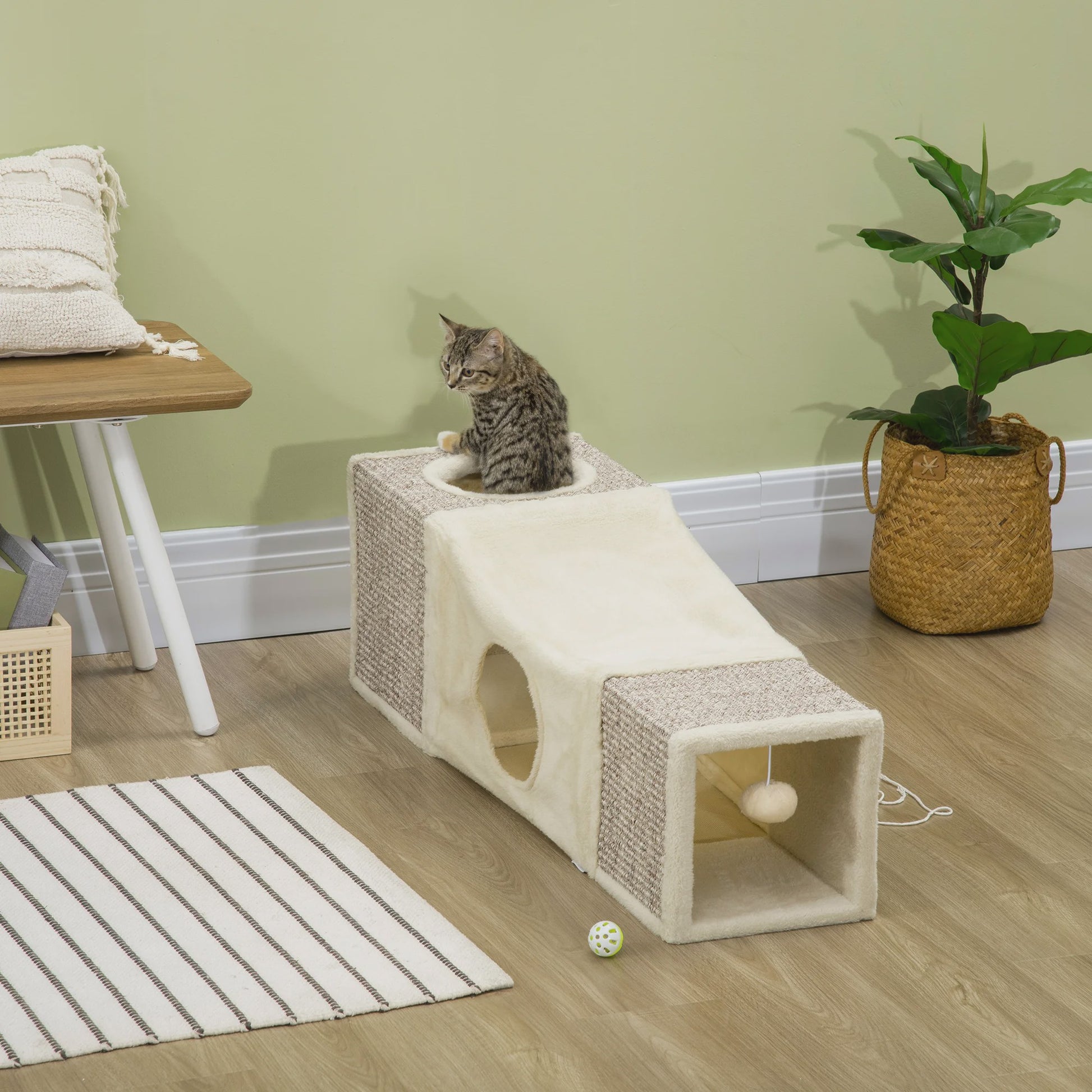 PawHut Katten Tunnel Speelgoed met Hangende Bal en Sisal - 98x30x30 cm Crème