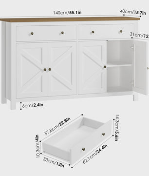 Stijlvol Wit Dressoir 140cm met Houten Top - Ruime Opbergkast voor Woon- en Eetkamer