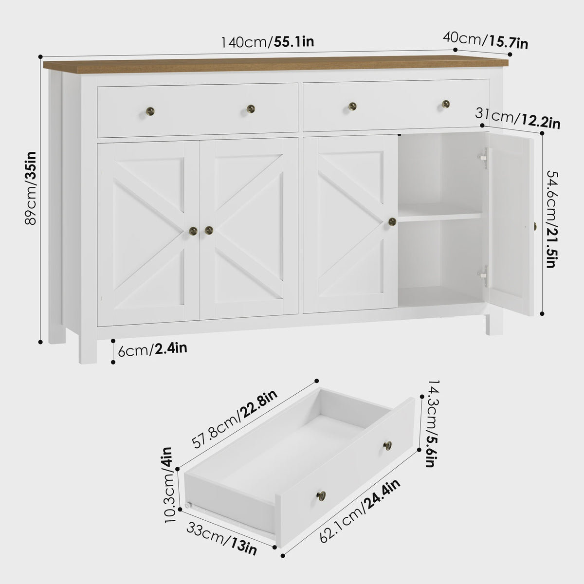 Stijlvol Wit Dressoir 140cm met Houten Top - Ruime Opbergkast voor Woon- en Eetkamer