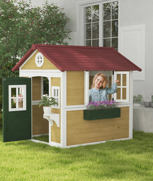 Outsunny Houten Speelhuisje met Deur, Ramen, Bloembakken en Plankjes - 114x126.4x135 cm