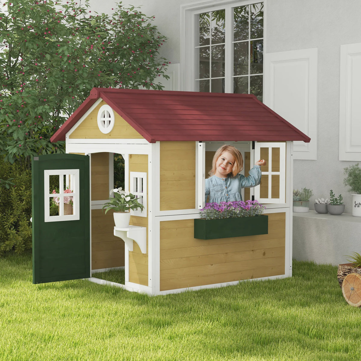 Outsunny Houten Speelhuisje met Deur, Ramen, Bloembakken en Plankjes - 114x126.4x135 cm