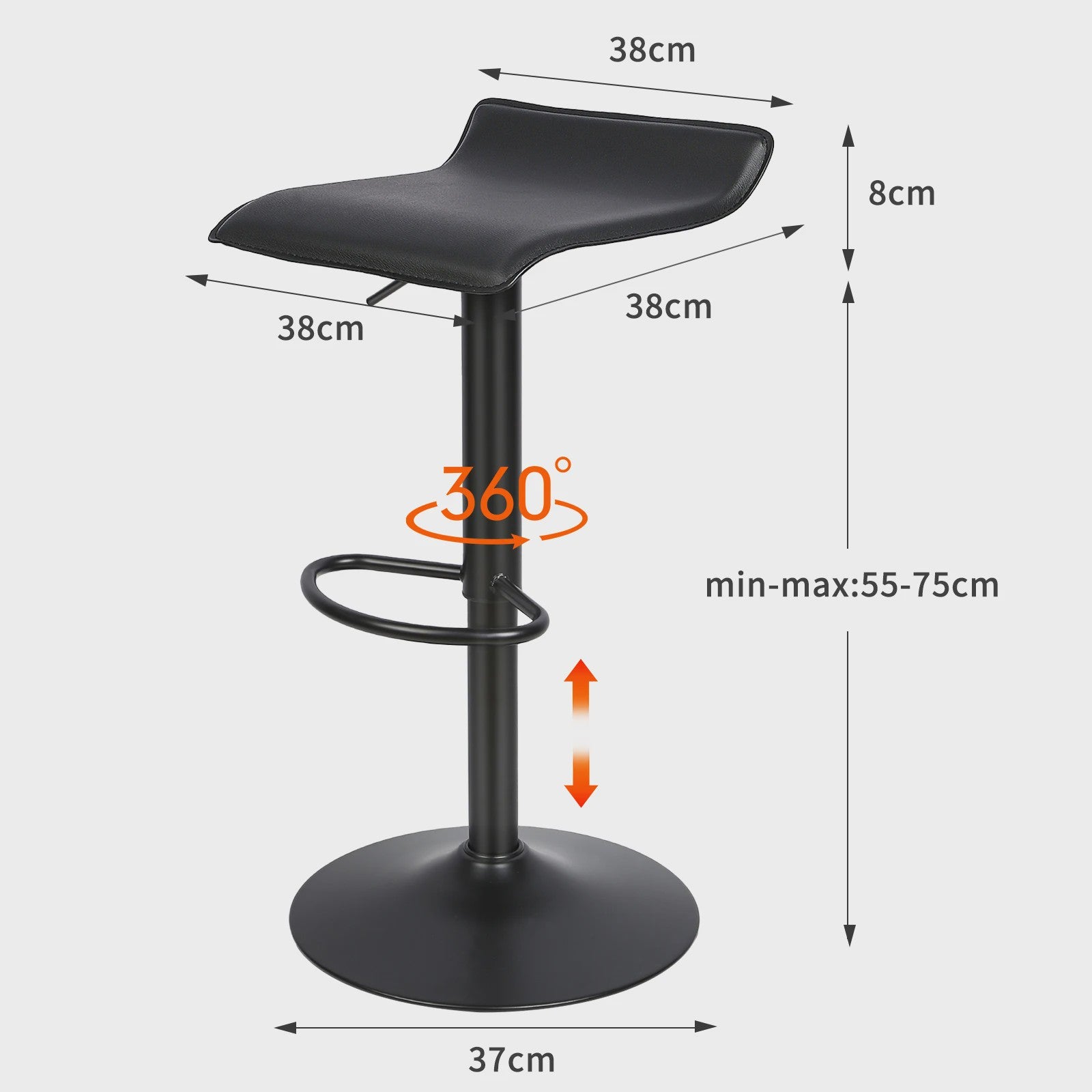 Set van 2 Zwarte Barstoelen met Leerlook, 360° Draaibaar en In Hoogte Verstelbaar