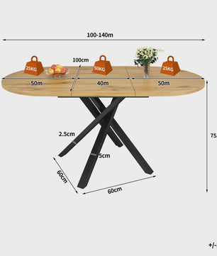 Uitschuifbare Ronde Eettafel met Marmerlook - 100-140cm - X-vormig Metaalframe