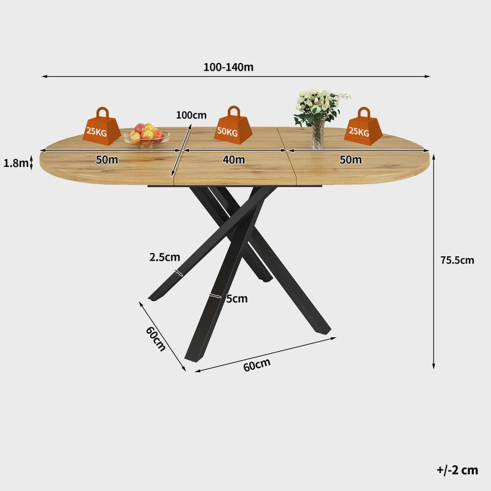 Uitschuifbare Ronde Eettafel met Marmerlook - 100-140cm - X-vormig Metaalframe