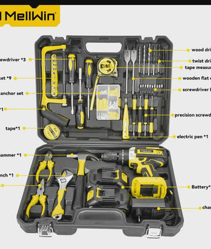 MELLWIN Accuboormachine Set 25+3 Nm - 3 Functies, 10mm Klopboorfunctie, Inclusief Koffer & Accessoires