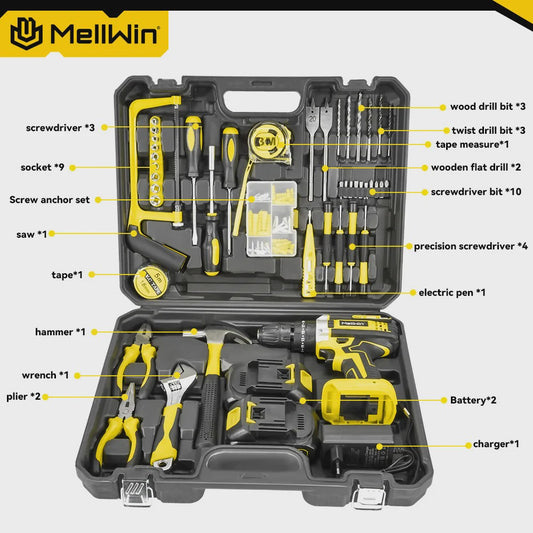 MELLWIN Accuboormachine Set 25+3 Nm - 3 Functies, 10mm Klopboorfunctie, Inclusief Koffer & Accessoires