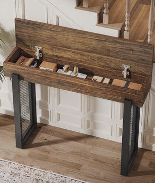 Industriële Houten Console Tafel met Opbergruimte en Metalen Mesh Poten - 104 cm