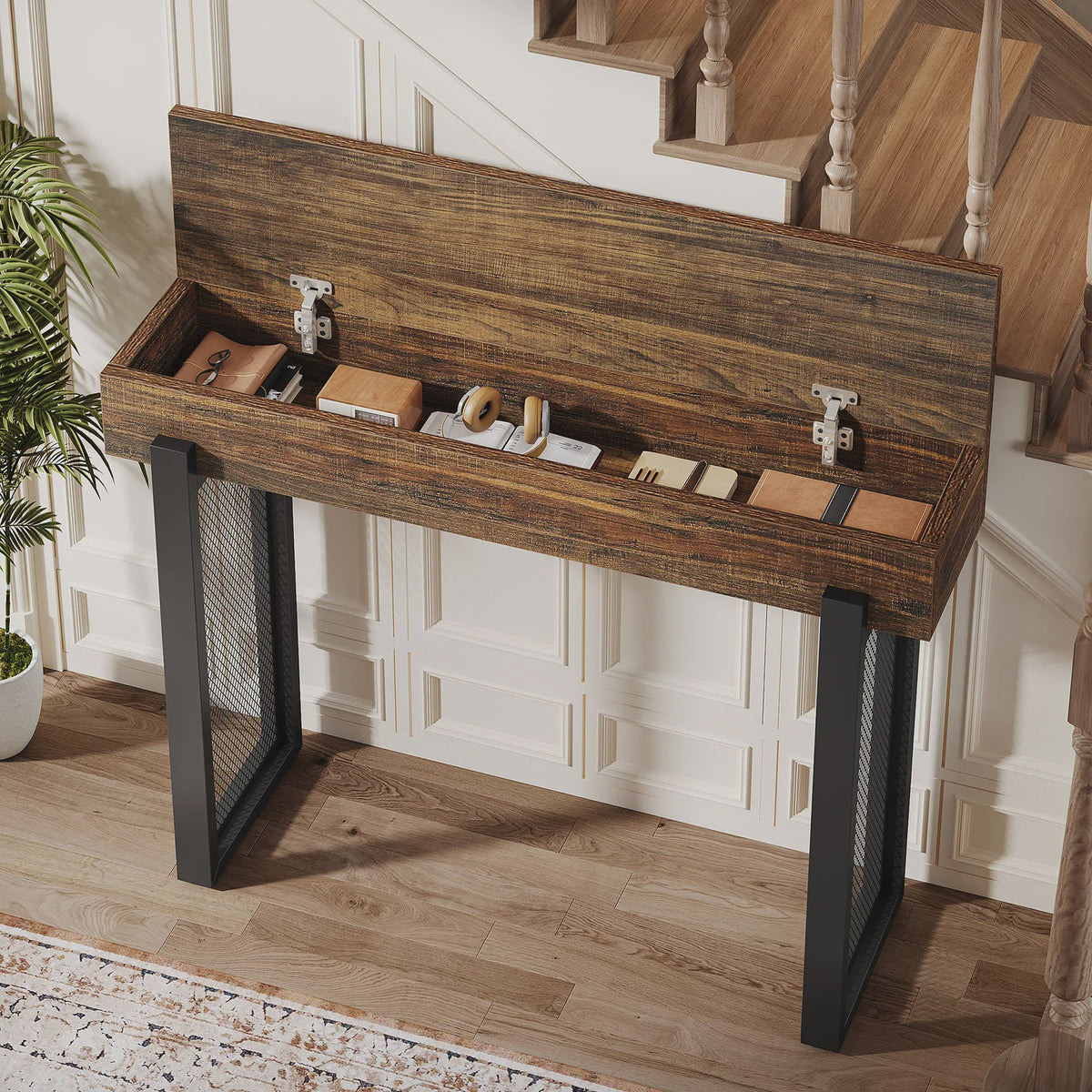 Industriële Houten Console Tafel met Opbergruimte en Metalen Mesh Poten - 104 cm