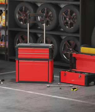 HOMCOM Set van 3 Stapelbare Gereedschapskisten op Wielen met Lade, Handgrepen en Slot - Rood