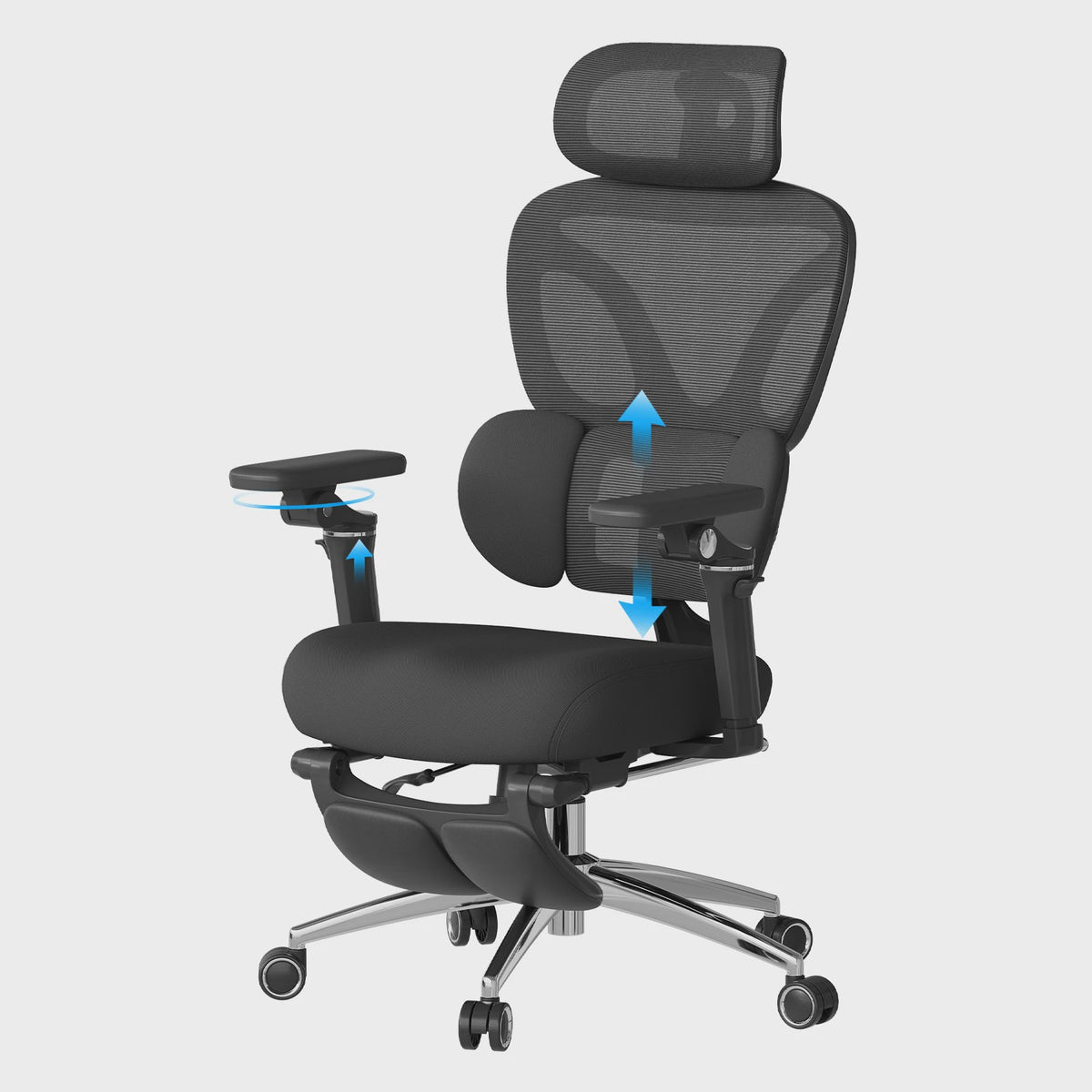 Ergonomische bureaustoel met 3D hoofdsteun, 6D armsteunen en verstelbare diepte