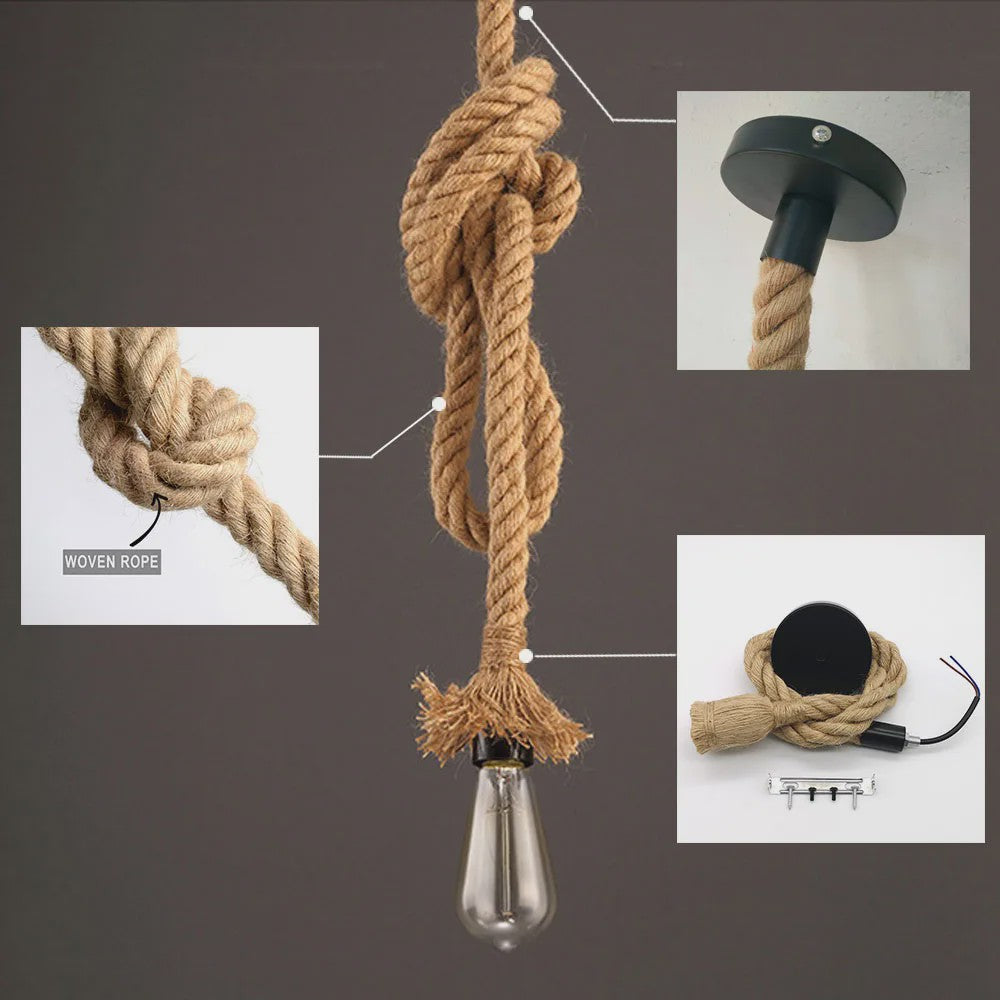 Vintage Hennep Touw Hanglamp - Retro Industriële Plafondlamp met E27 Fitting